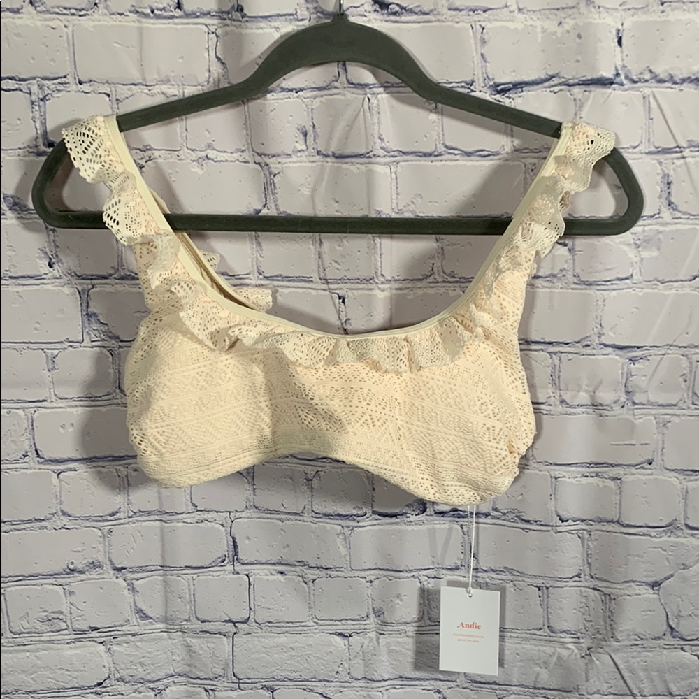 Andie Swim Women Hydra Bikini Top Cream Crochet Ruffle Boho Festival Beach M NWT - Picture 1 of 7